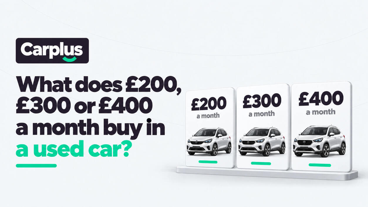 Used-car budget comparison showing £200, £300 and £400 a month, illustrated by Carplus.